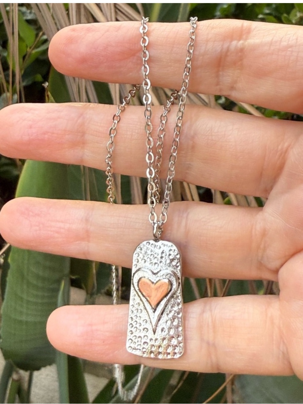 Silver Hammered Copper Heart Pendant and Silver Tone Chain